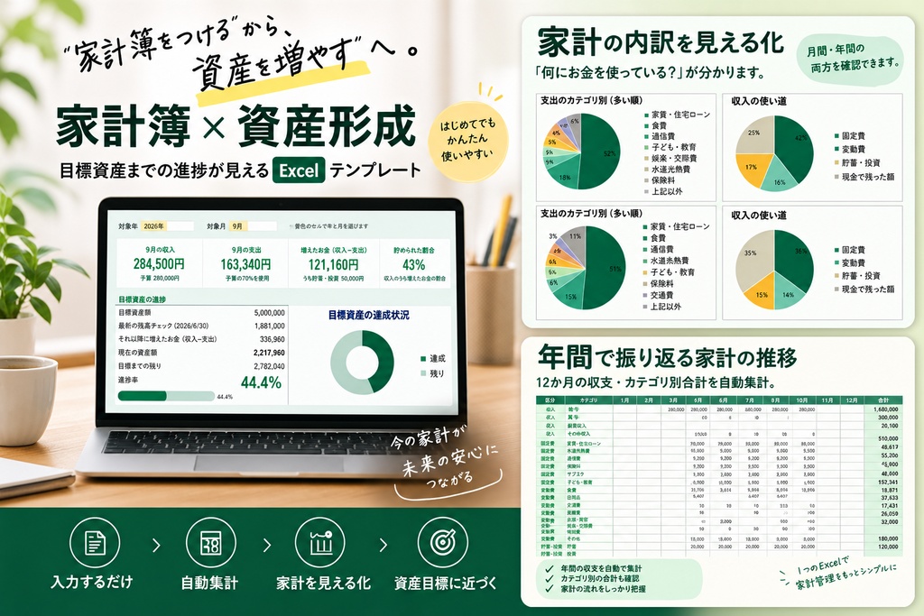 家計簿×資産形成|目標資産まで見えるExcel家計管理テンプレート