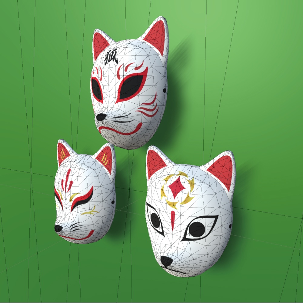 「狐面Cセット」ローポリ3Dモデル