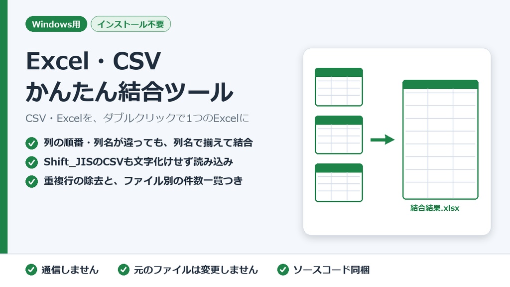 Excel・CSV かんたん結合ツール【列がバラバラでもOK・文字化け対応】Windows用