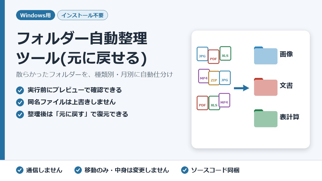フォルダー自動整理ツール【プレビュー確認・元に戻せる】Windows用