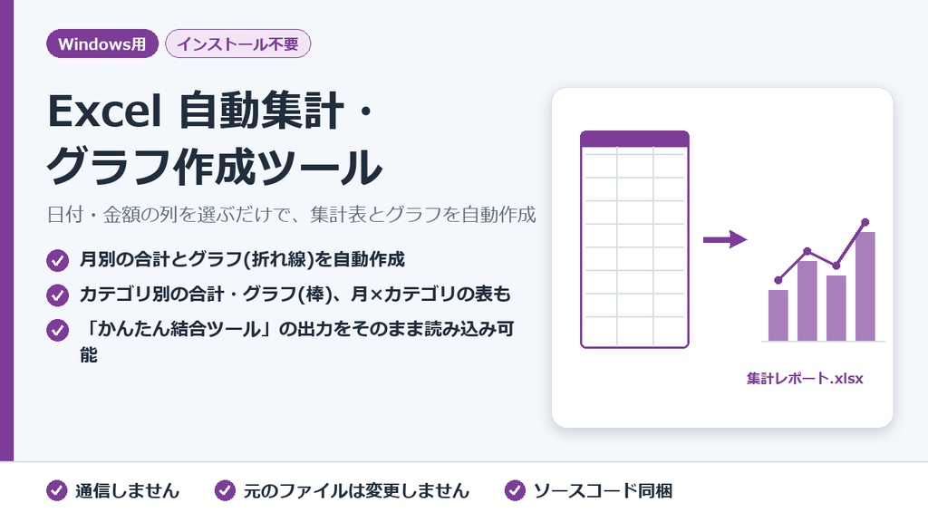 Excel 自動集計・グラフ作成ツール【月別・カテゴリ別に自動集計】Windows用