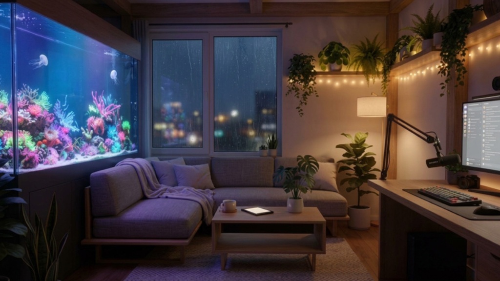 【配信背景】雨の水族館チルルーム / 癒やし 雑談用 青 Rainy Aquarium【VTuber向け/無料あり】