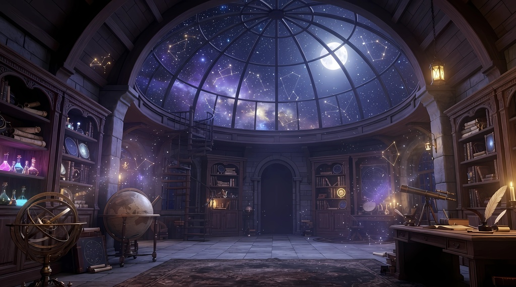 【配信背景・素材】星降る天体魔術師の部屋+眠る黒猫テーブル2点セット【VTuber/雑談/占い/夜枠】