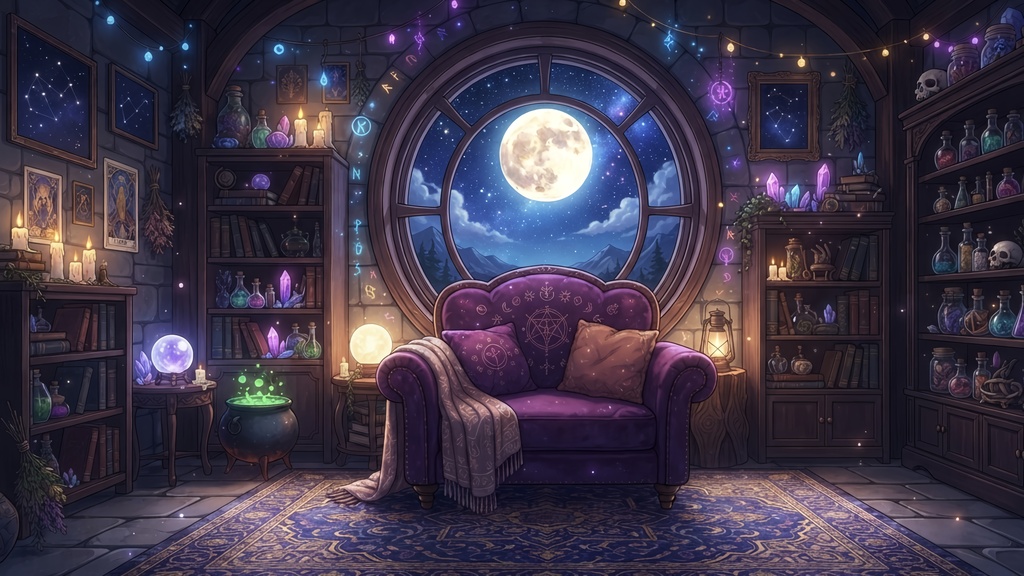 【動く背景/パーツ分け】夜の占い館とあくびする黒猫【VTuber/配信素材】
