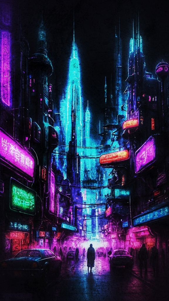 「未来都市 - AI × 手描き風サイバーパンクアート」