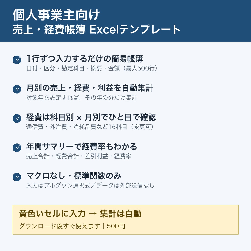 【個人事業主向け】売上・経費帳簿Excelテンプレート｜月別・科目別に自動集計・マクロなし