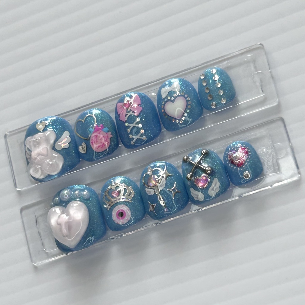 【ネイルチップ】 No.4 Sweet Blue Baby|水色 ラメ テディベア リボン 地雷系