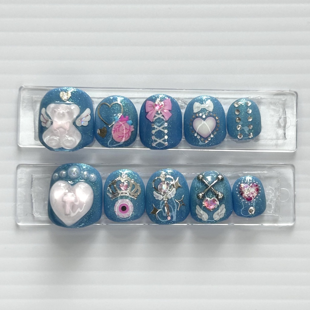 【ネイルチップ】 No.4 Sweet Blue Baby|水色 ラメ テディベア リボン 地雷系