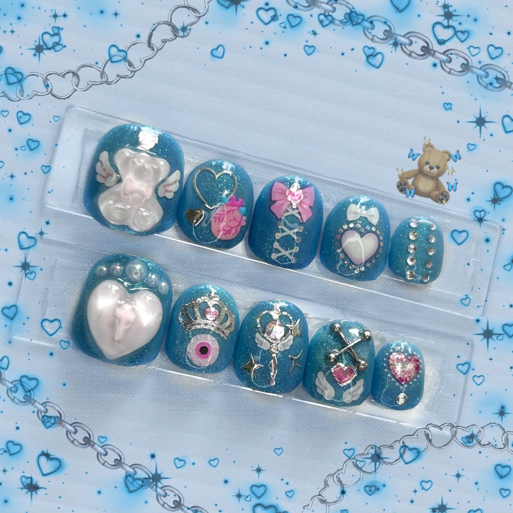 【ネイルチップ】 No.4 Sweet Blue Baby｜水色 ラメ テディベア リボン 地雷系 