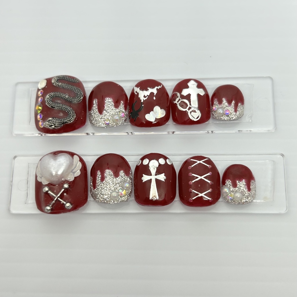 【ネイルチップ】 No.6 Bloody doll |赤 ラメ シルバー 天使