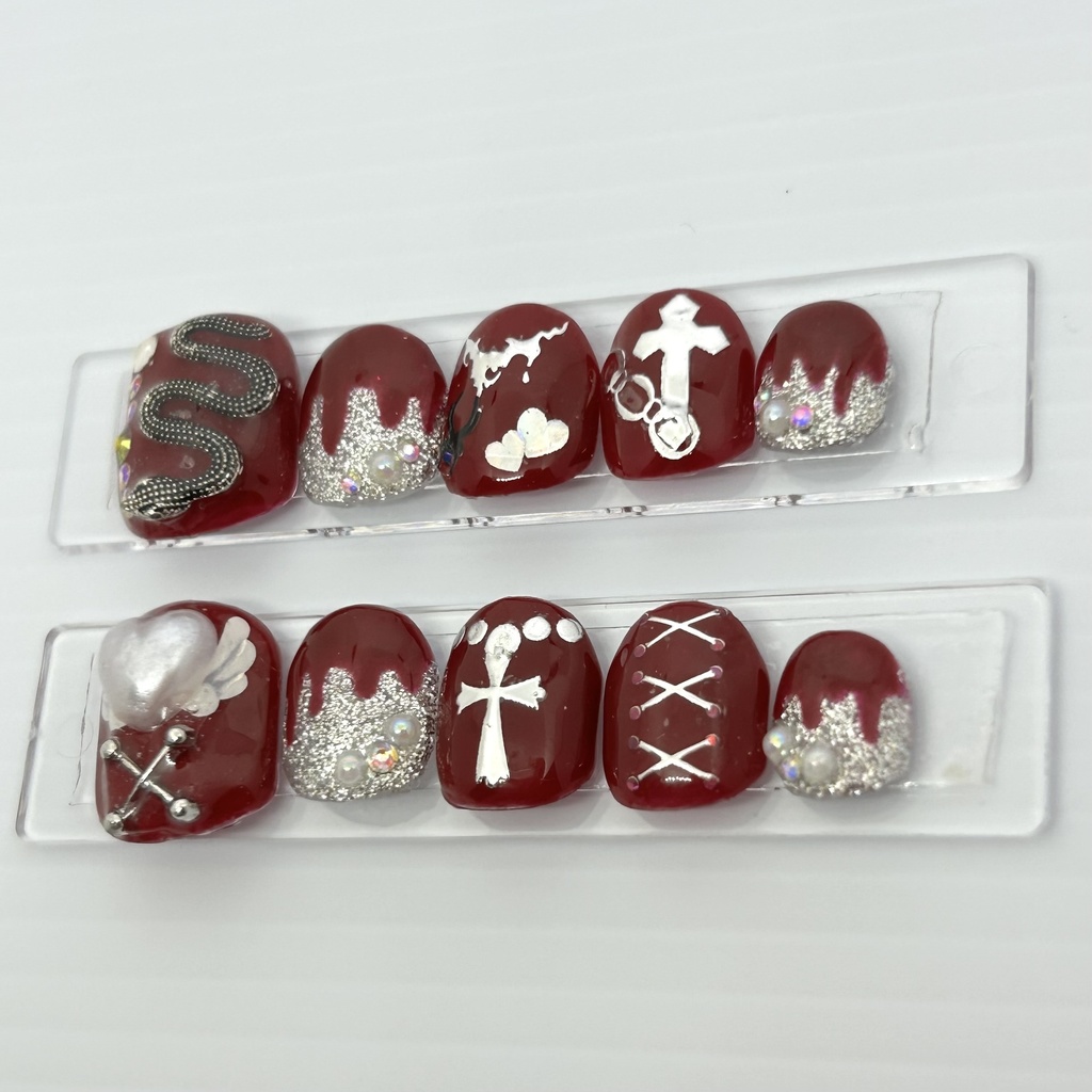 【ネイルチップ】 No.6 Bloody doll |赤 ラメ シルバー 天使