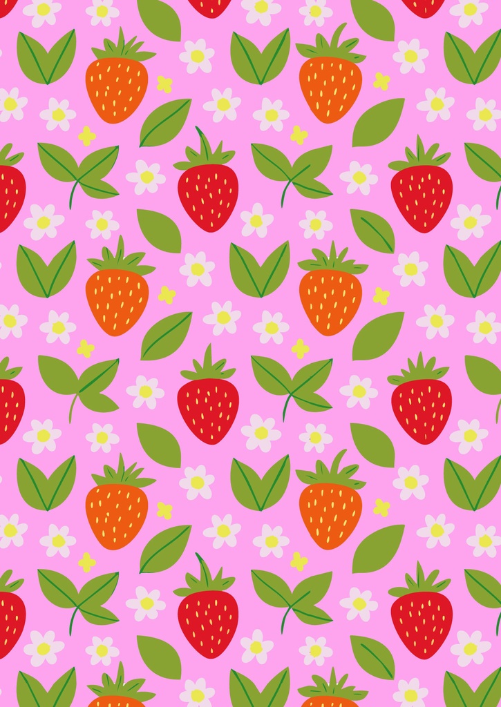 ピンクの背景に白い花と赤いいちごのキュートでメルヘンな模様10