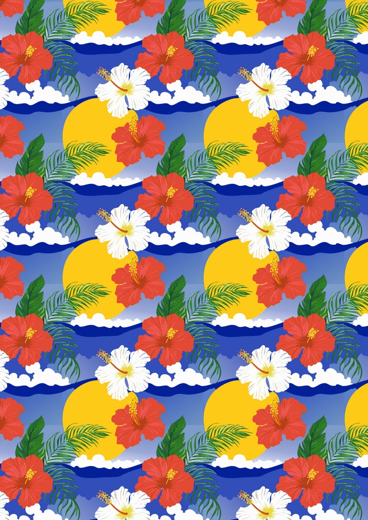 赤と白のハイビスカスと白波のハワイ風の壁紙08