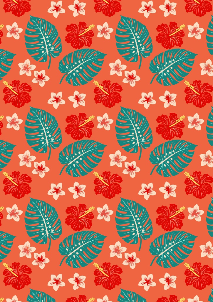 赤いハイビスカスとモンステラのアロハ調の壁紙09