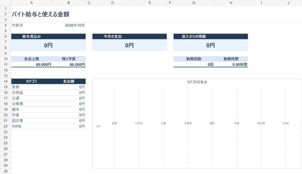 大学生・一人暮らし向け バイト給与見込みと使える金額がわかるExcel