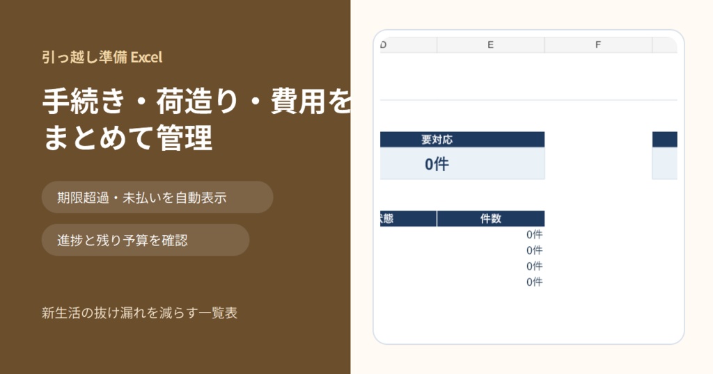 引っ越しの手続き・荷造り・費用をまとめて管理できるExcel