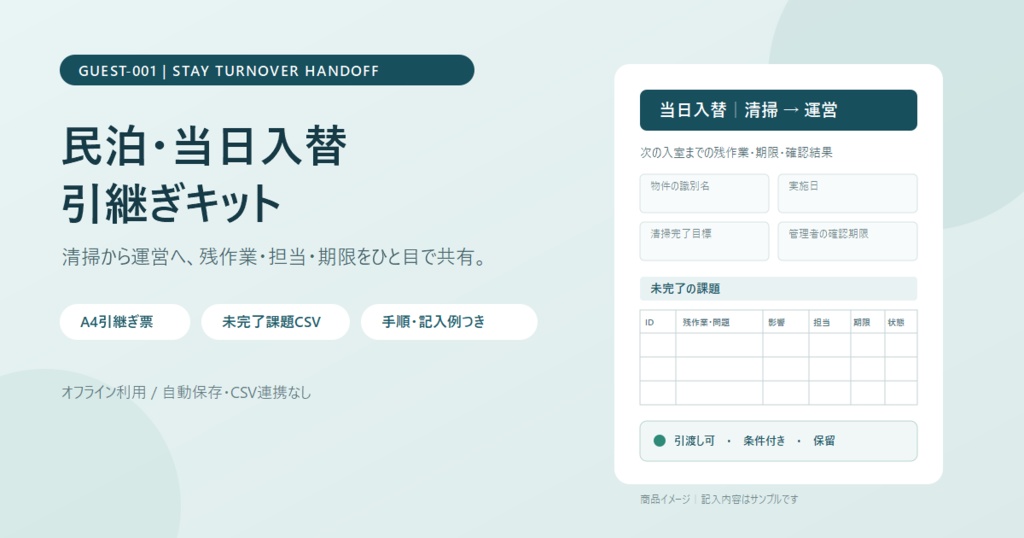 民泊・当日入替 引継ぎキット|清掃→運営 A4票・未完了台帳・連絡文例