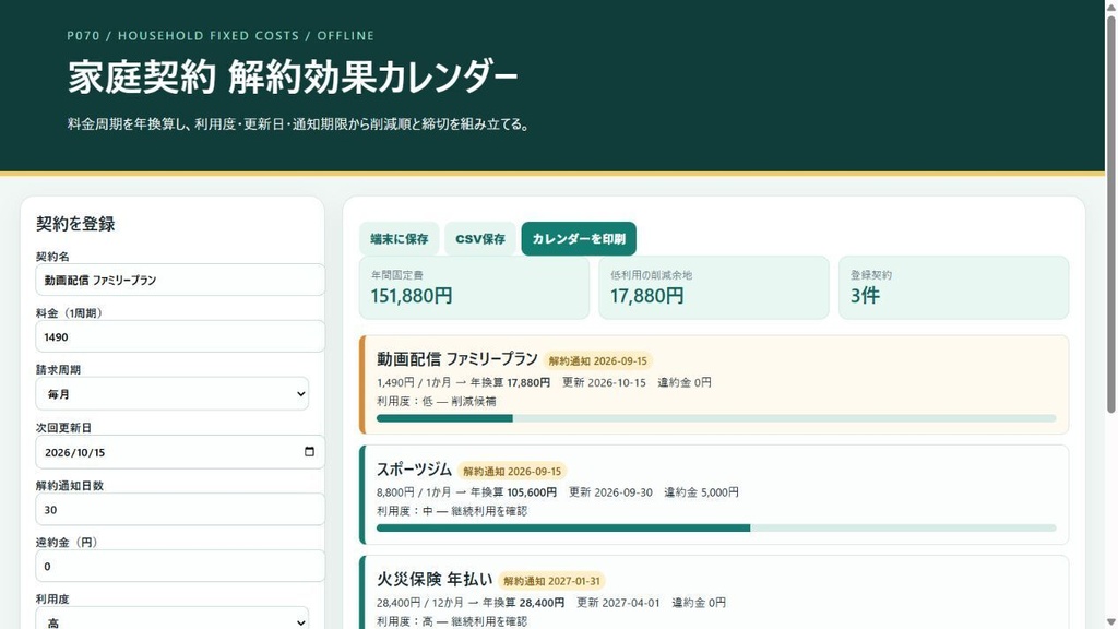 家庭契約 解約効果カレンダー