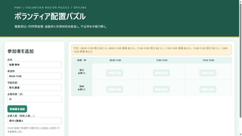 ボランティア配置パズル