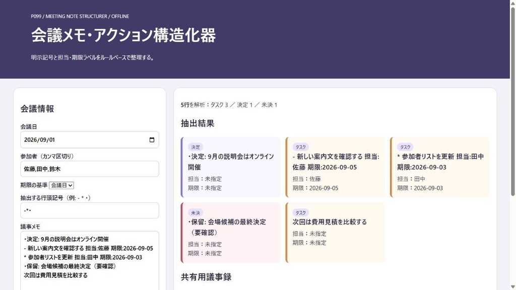 会議メモ アクション構造化器