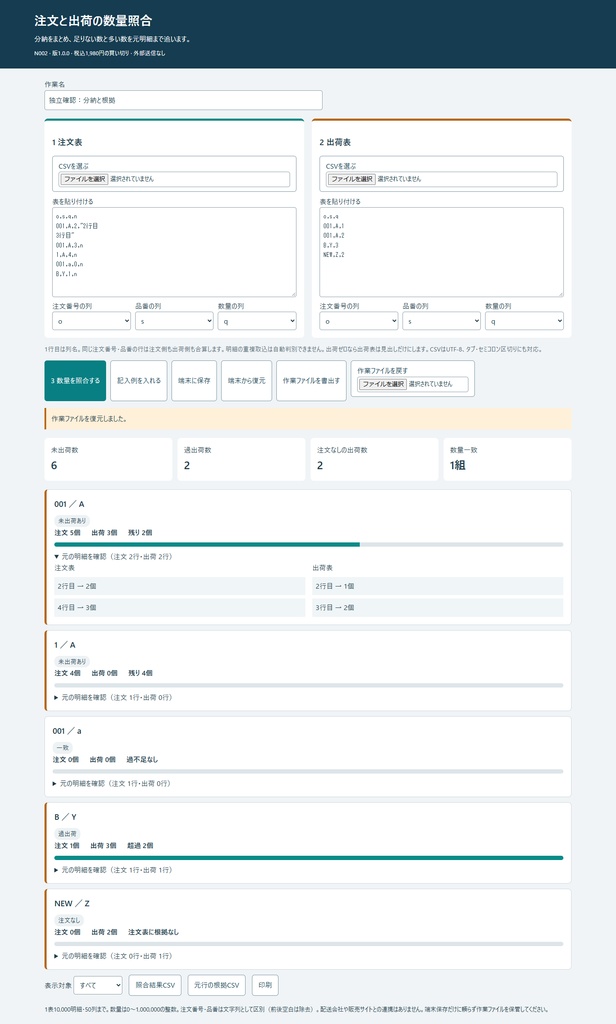 注文と出荷の数量照合(N002)