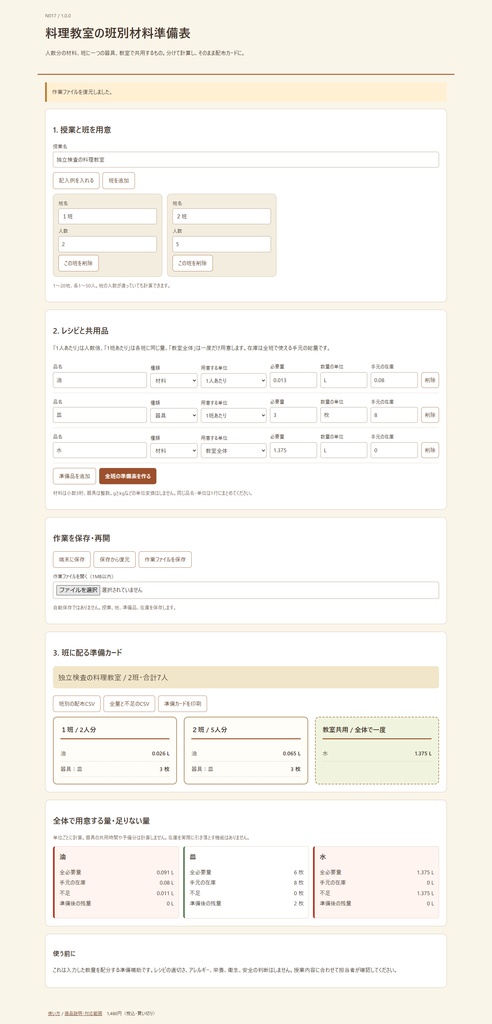 料理教室の班別材料準備表(N017)