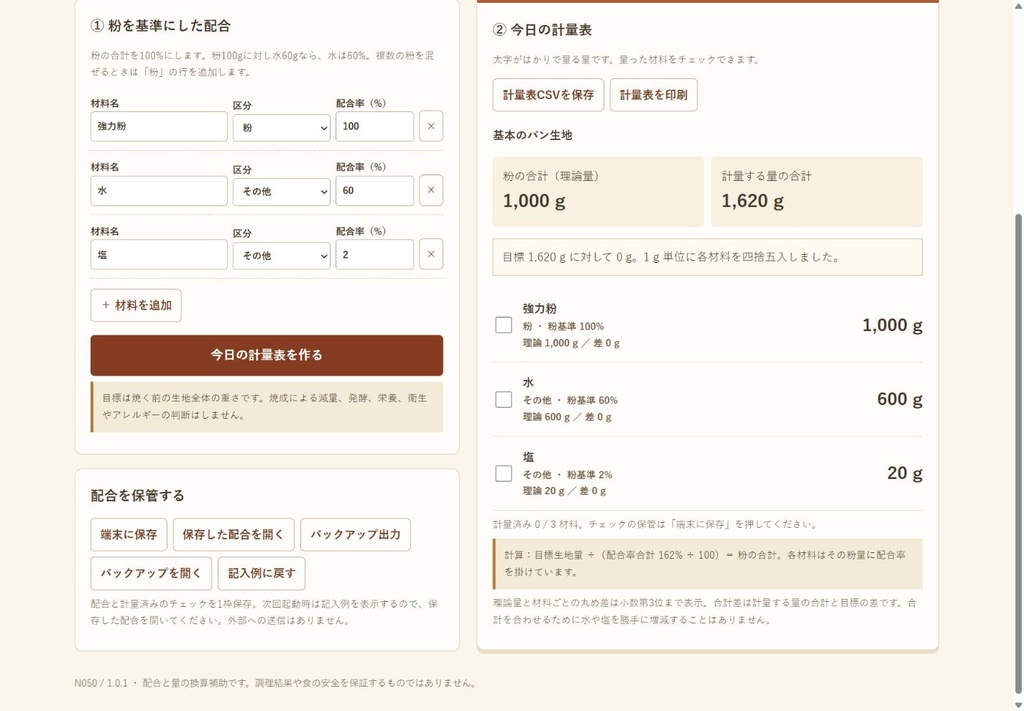 パン仕込みの配合と計量表（N050）