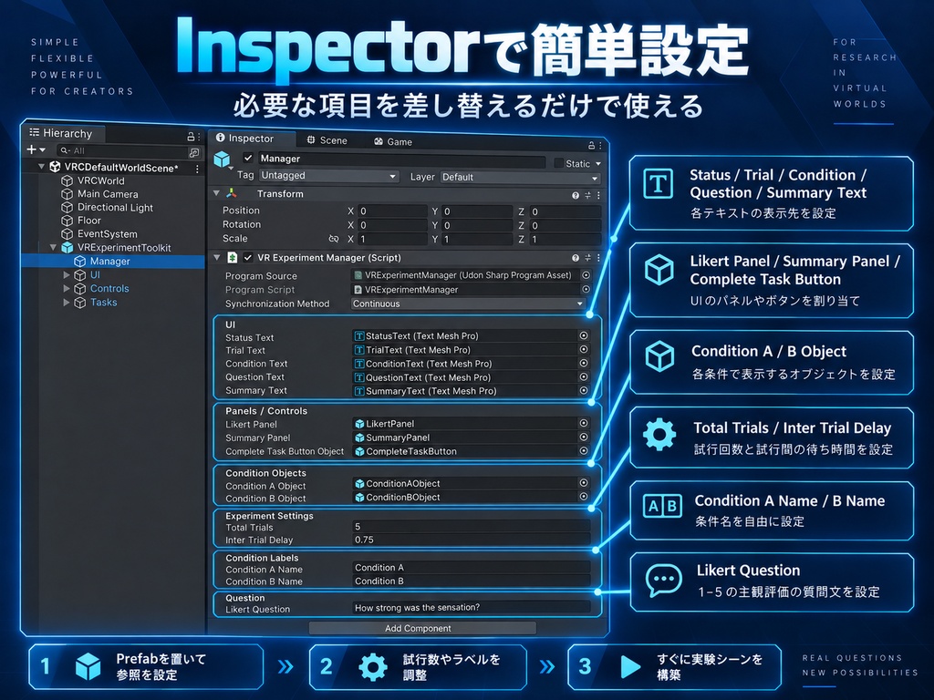 【VRChat / UdonSharp】VR Experiment Toolkit - A/B条件・Likert実験Prefab