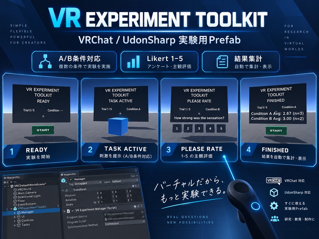 【VRChat / UdonSharp】VR Experiment Toolkit - A/B条件・Likert実験Prefab
