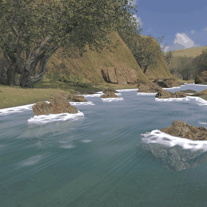 【VRChatワールド用】岩をよけて流れる川の水シェーダー「せせらぎ」【PC/Quest対応】