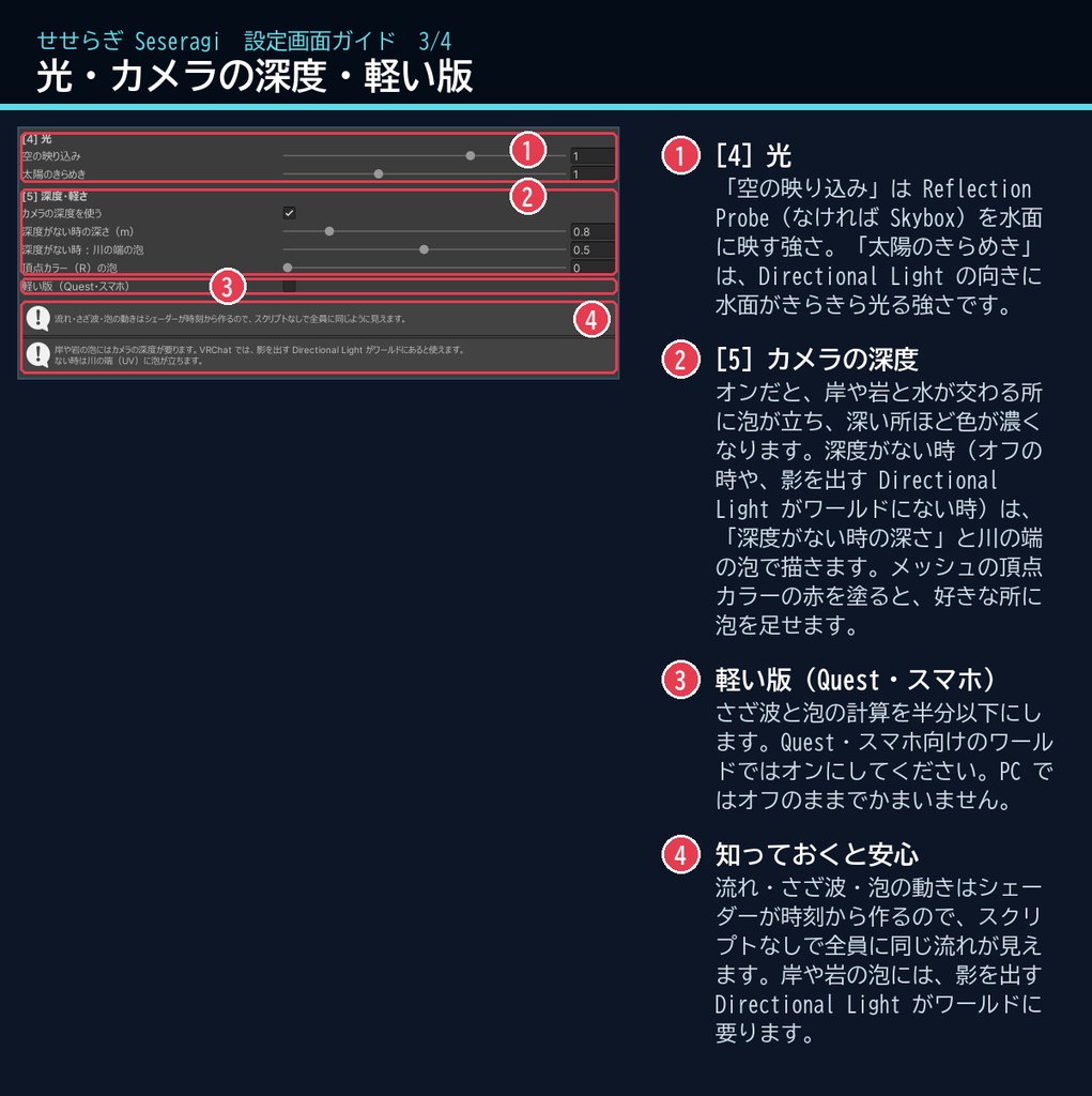 【VRChatワールド用】岩をよけて流れる川の水シェーダー「せせらぎ」【PC/Quest対応】