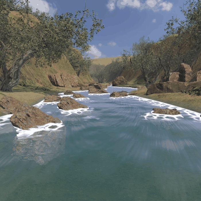 【VRChatワールド用】岩をよけて流れる川の水シェーダー「せせらぎ」【PC/Quest対応】