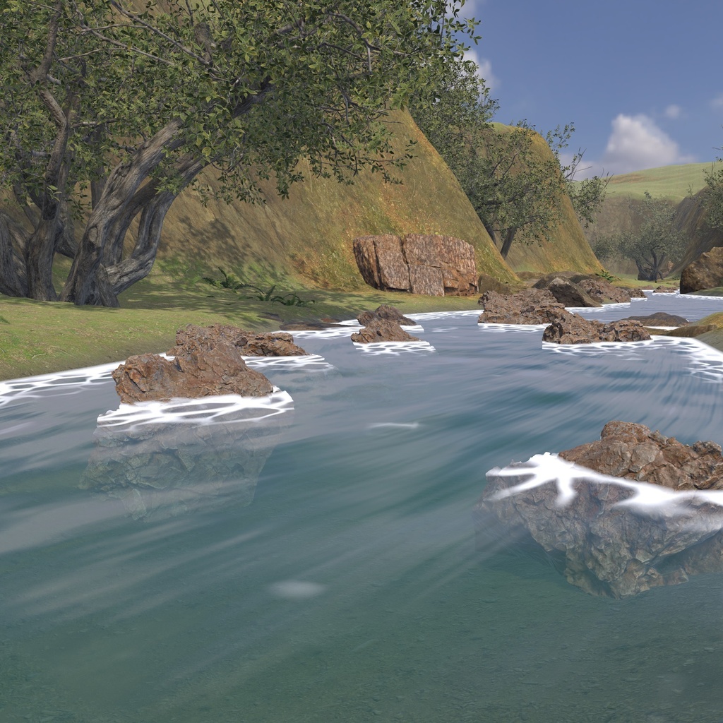 【VRChatワールド用】岩をよけて流れる川の水シェーダー「せせらぎ」【PC/Quest対応】