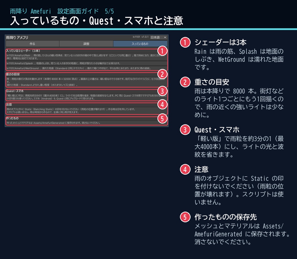 【VRChatワールド用】夜の街に降る雨と濡れた地面のシェーダー「雨降り」【PC/Quest対応】