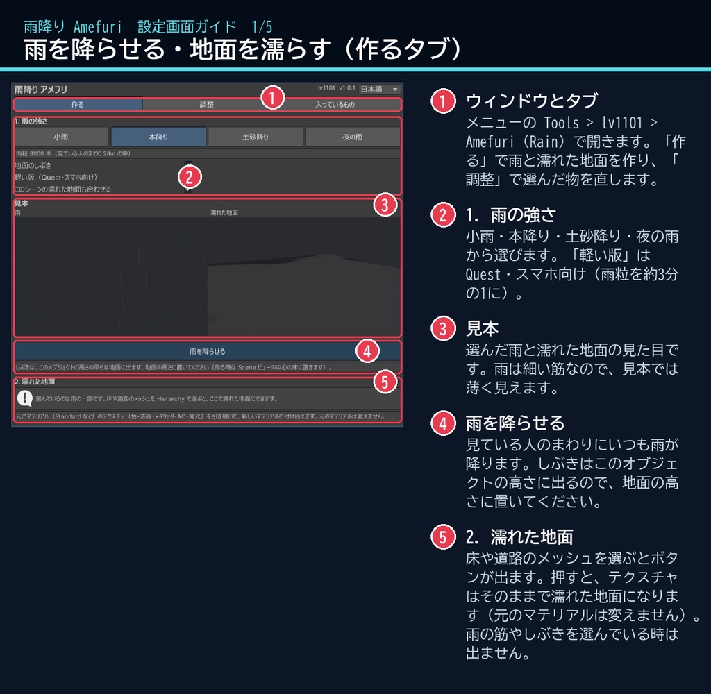 【VRChatワールド用】夜の街に降る雨と濡れた地面のシェーダー「雨降り」【PC/Quest対応】