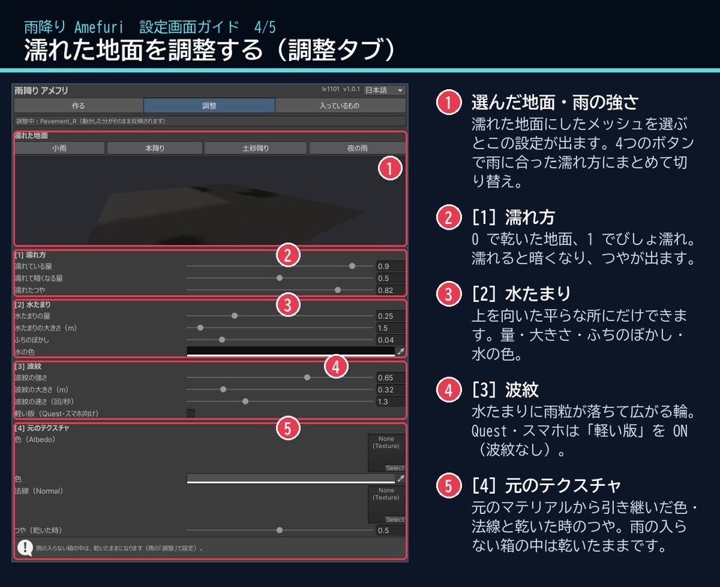 【VRChatワールド用】夜の街に降る雨と濡れた地面のシェーダー「雨降り」【PC/Quest対応】