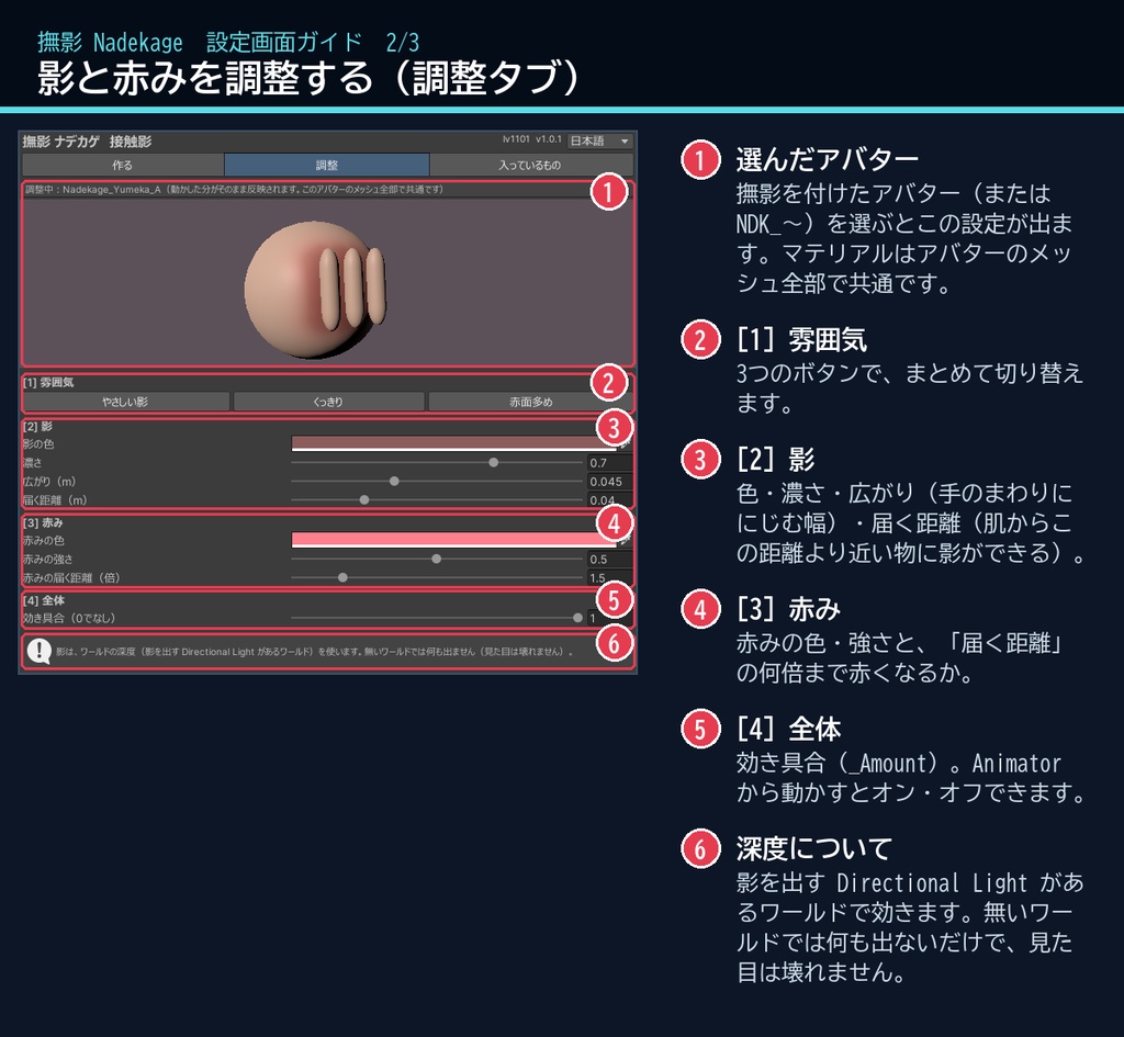 【VRChat・汎用】撫でると影が落ちて赤くなる接触影シェーダー「撫影」(アバター用・PC)