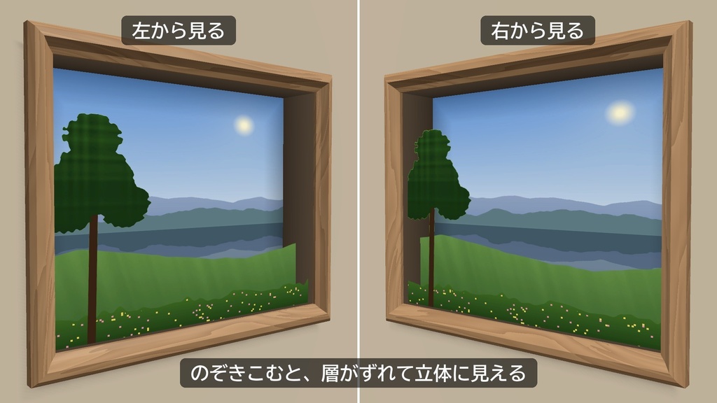 【VRChat】立体に見える額縁・窓シェーダー 奥行絵 オクユキエ Okuyukie Parallax Frame(ワールド向け)