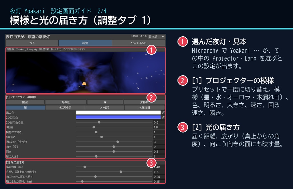 【VRChatワールド用】寝室の天井に星空を映す常夜灯「夜灯」【PC/Quest対応】