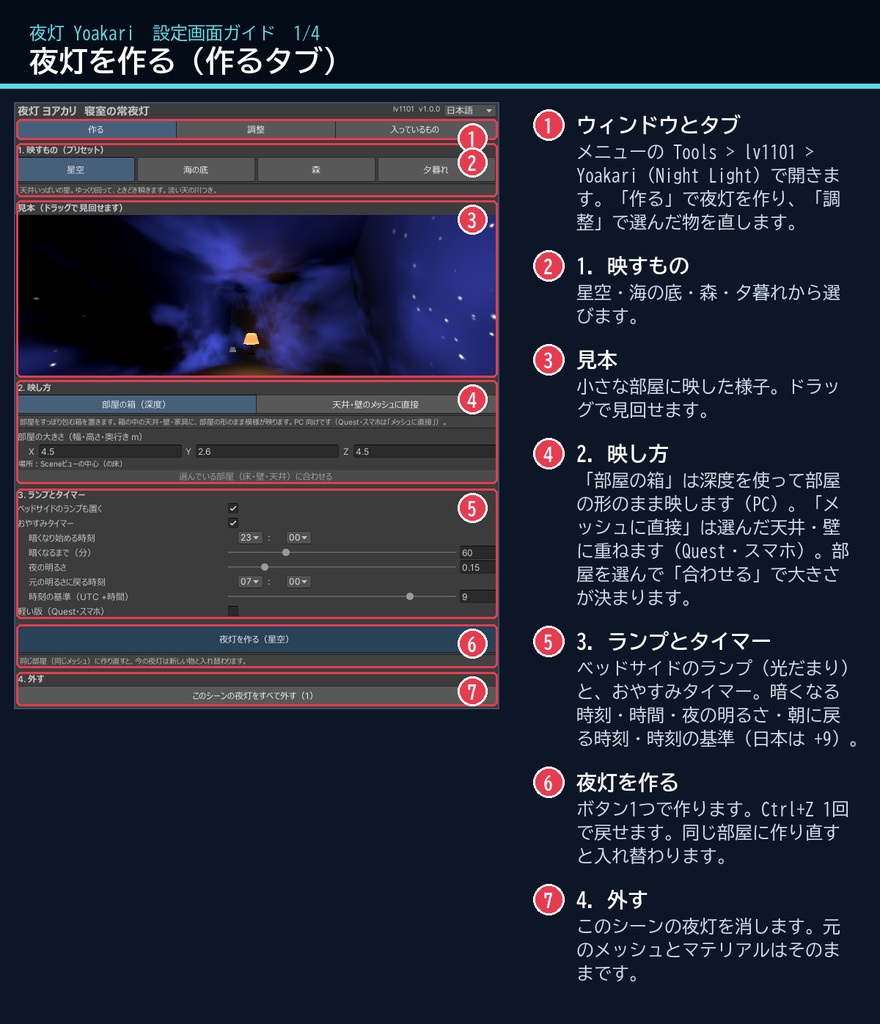 【VRChatワールド用】寝室の天井に星空を映す常夜灯「夜灯」【PC/Quest対応】