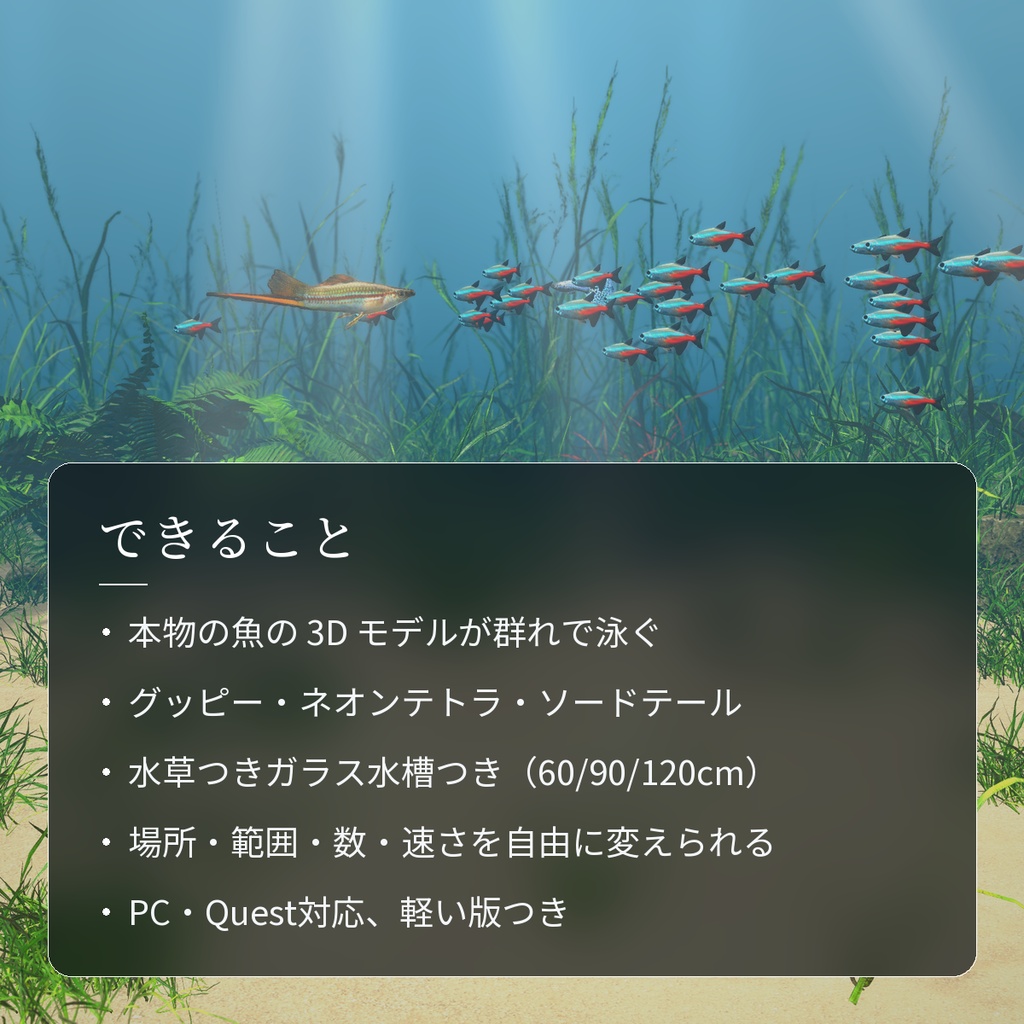 【VRChatワールド用】泳ぐ熱帯魚3種「彩」グッピー・ネオンテトラ・ソードテール【PC/Quest対応】