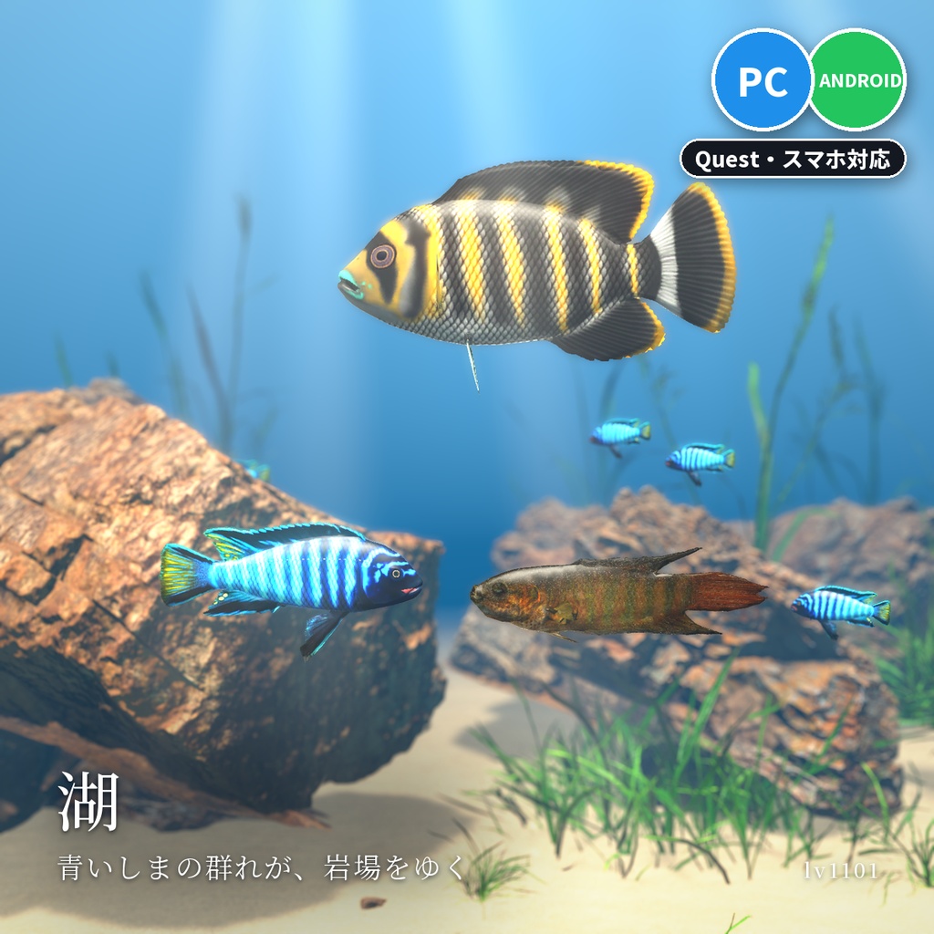 【VRChatワールド用】泳ぐ魚4セットまとめ「外国の淡水魚」熱帯魚・大型魚12種・水草つきガラス水槽つき・単品より200円お得【PC/Quest対応】