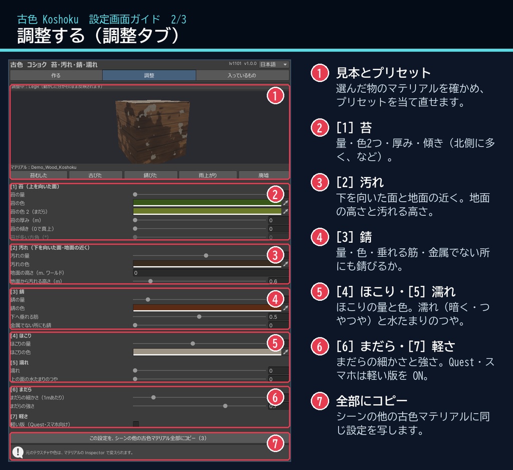 【VRChatワールド用】今あるモデルに苔・汚れ・錆・濡れを重ねる「古色」【PC/Quest対応】
