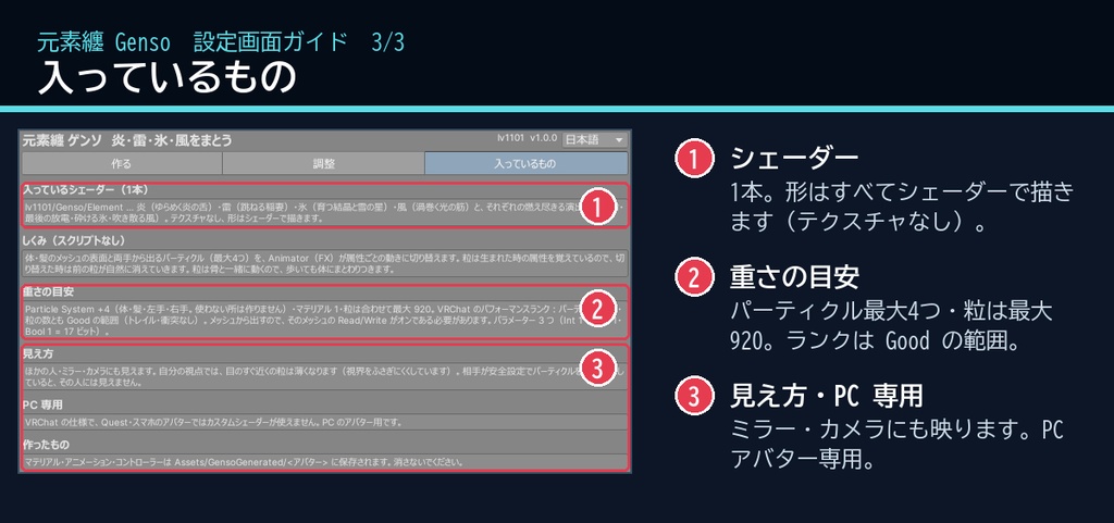 【VRChat・汎用】体・髪・手に炎・雷・氷・風をまとう「元素纏」(アバター用・PC)