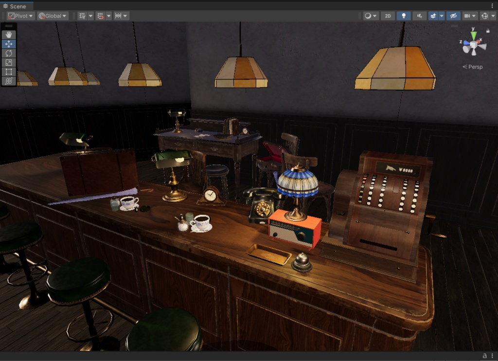 【3D小物】昭和レトロ喫茶店 アンティーク・カウンターセット5点+サービスプロップ付き