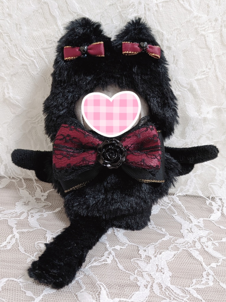 ぬい着ぐるみ♡黒ねこ天使♡ワインレッドりぼん♡10～12cm