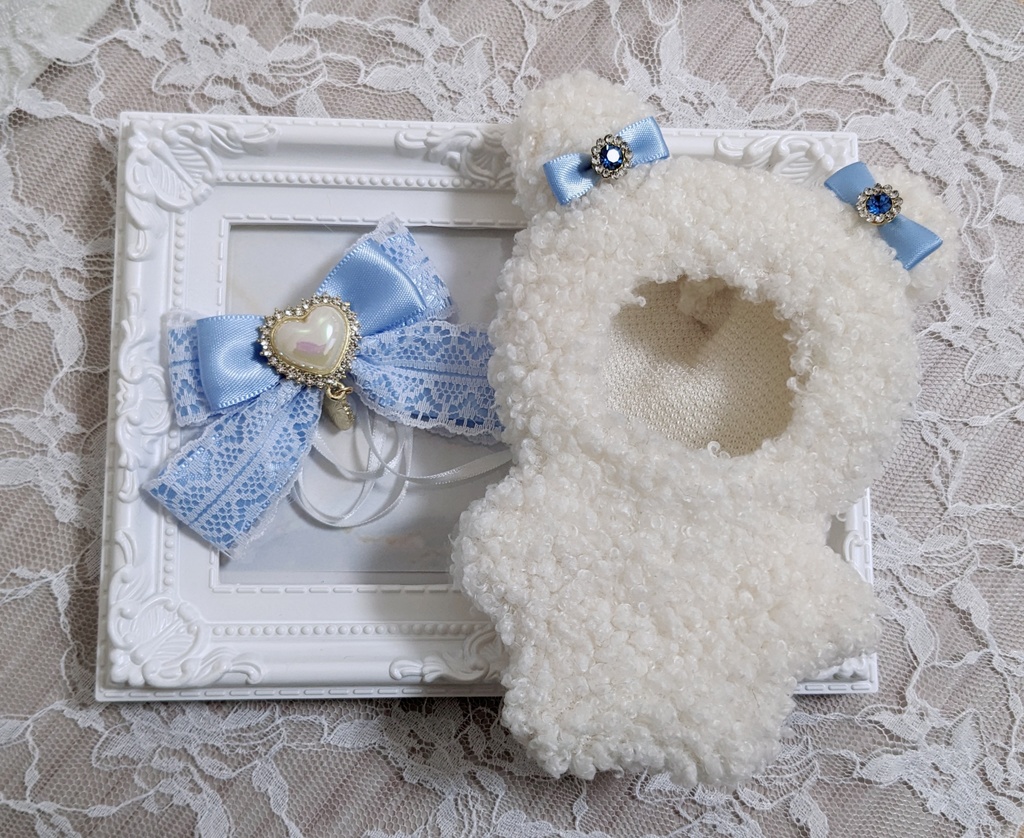ぬい着ぐるみ♡白くま♡ライトブルーりぼん♡10~12cm用