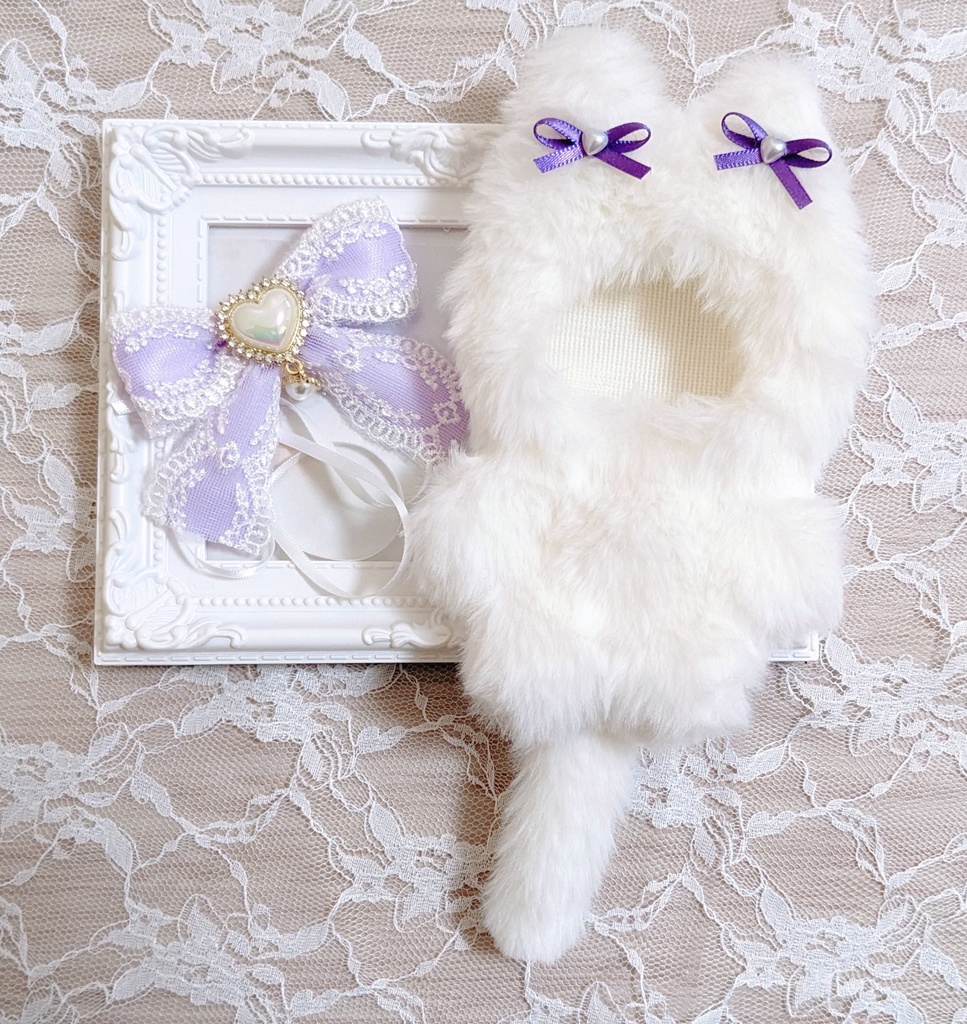ぬい着ぐるみ♡白ねこ♡パープルりぼん♡10~12cm用