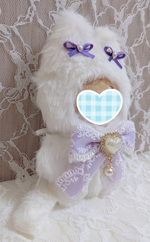 ぬい着ぐるみ♡白ねこ♡パープルりぼん♡10~12cm用