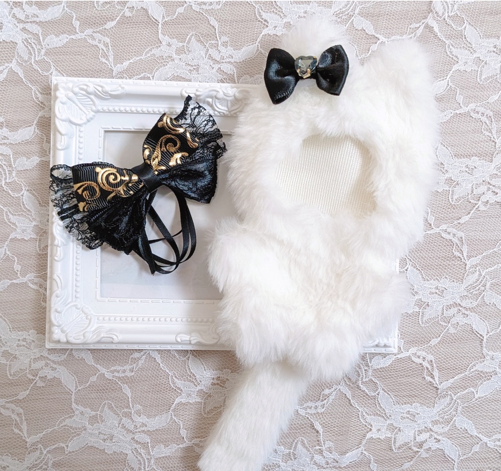 ぬい着ぐるみ♡白ねこ♡ブラックりぼん♡10~12cm用